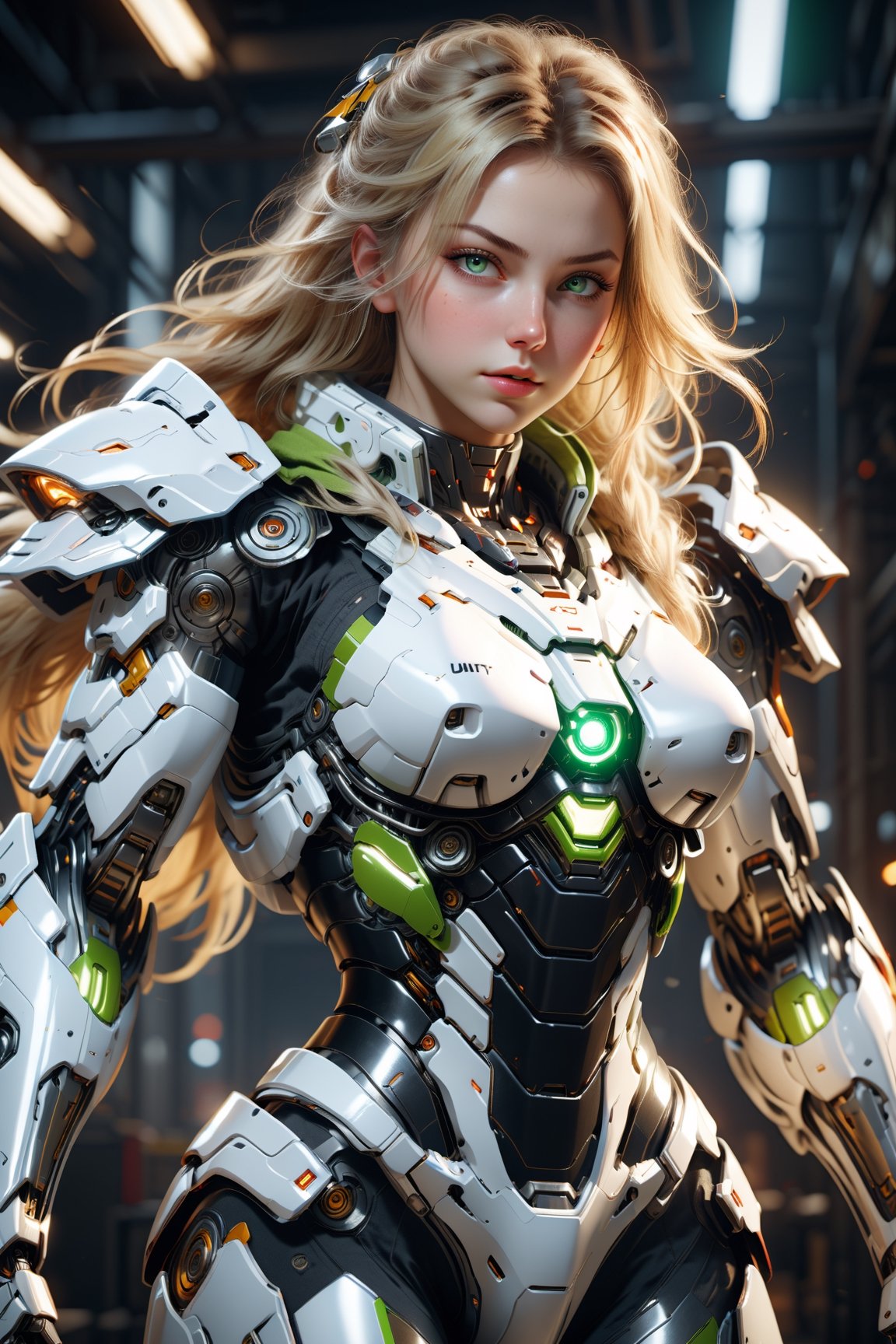 flying girl, (Flying:1.4),(thick body:1.4), (with long blond hair:1.4), Green Eyes, HDR (High Dynamic Range), Ray tracing, NVIDIA RTX, The ultra-Highres, Unreal 5, Subsurface scattering, PBR Texturing, Post-Processing, Anisotropic Filtering, depth of fields, full body shot, Maximum Sharpness and Sharpness, multi-layered texture, Albedo and Specular maps, Surface Shading, Precise simulation of light-material interactions, octan render, Two-tone illumination, low ISO, white balance, rule of thirds, Wide Aperture, 8K Raw, efficient sub-pixel, sub-pixel convolution, (luminescent particles:1.4), {{Masterpiece, Best Quality, super detailed CG, Unity 8k wallpaper, 3d, Cinematic lighting, lens flares}},cyborg style,mecha