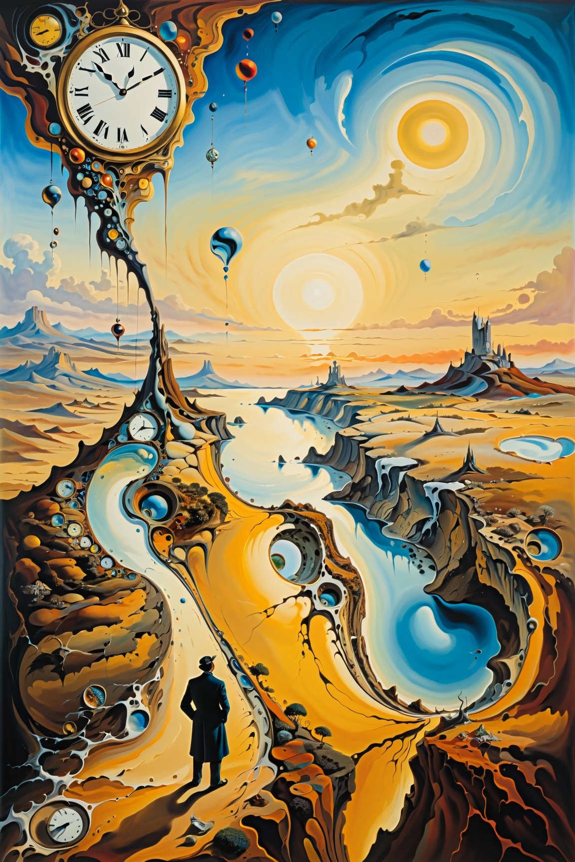 (Masterpiece), (Best Quality), (Ultra-detailed), Artistic painting, (Inspired by Salvador Dali's surrealist art), create a landscape with melting clocks, distorted figures, and a backdrop of swirling colors and shapes. The overall mood should be dreamlike and otherworldly. In the foreground, a man stands gazing out at the strange and wonderful scenery around him. His expression is one of fascination and curiosity, as if he's exploring a new world for the first time