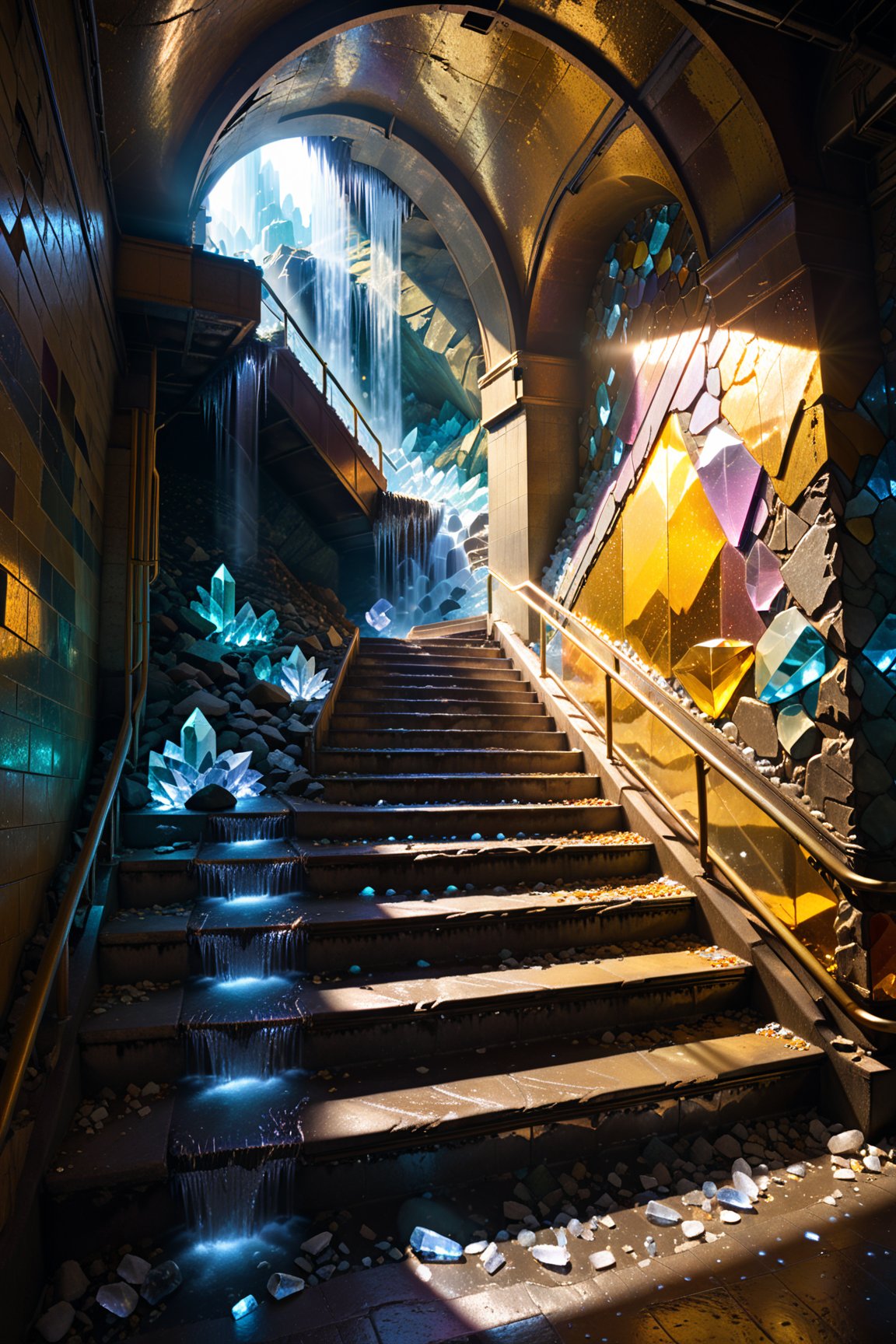 high quality, 8K Ultra HD, (((naturally interacting with the environment:1.5))),(((seamless:1.5))),((strong environmental light)),((hard shadows)),Otherworldly, crystal landscape, golden landscape, colorful landscape, abandoned subway station, stairs, crystals on the walls, glowing crystals, some crystals on the stairs, a waterfall flowing in the subway,