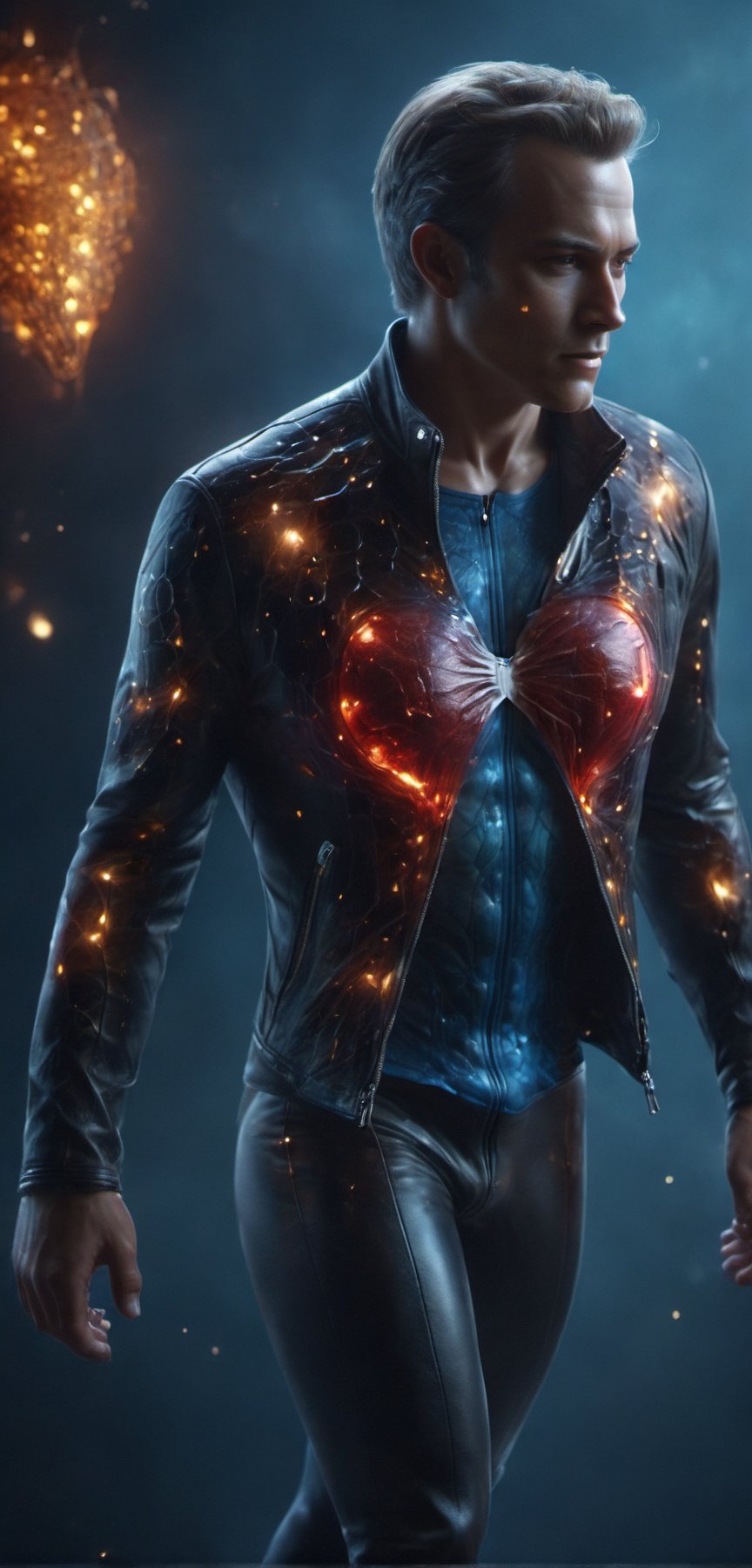 (super clear picture quality:1.8), masterpiece, best quality,
ultra-realistic mix fantasy, a man ((wearing an unzipped open leather jacket, vertical unzipped body, revealing an inner honeycomb pattern and a heart made of honeycomb:4)), symmetrical, Photorealistic, Hyperrealistic, Hyperdetailed, analog style, upper body shot, detailed skin, matte skin, soft lighting, subsurface scattering, realistic, heavy shadow, masterpiece, best quality, ultra realistic, 8k, golden ratio, Intricate, High Detail, film photography, soft focus in the style of dark azure and light azure, mixes realistic and fantastical elements, vibrant manga, uhd image, glassy translucence, vibrant illustrations, ultra realistic, mysterious, fantasy, very detailed, high resolution, sharp, sharp image, 4k, 8k, magic effect, (high contrast:1.4), dream art, diamond, mysterious colorful background, dark blue themes, real, holographic, holographic metal, machine, seethrough, glass art, magical holographic glow,xray,tranzp