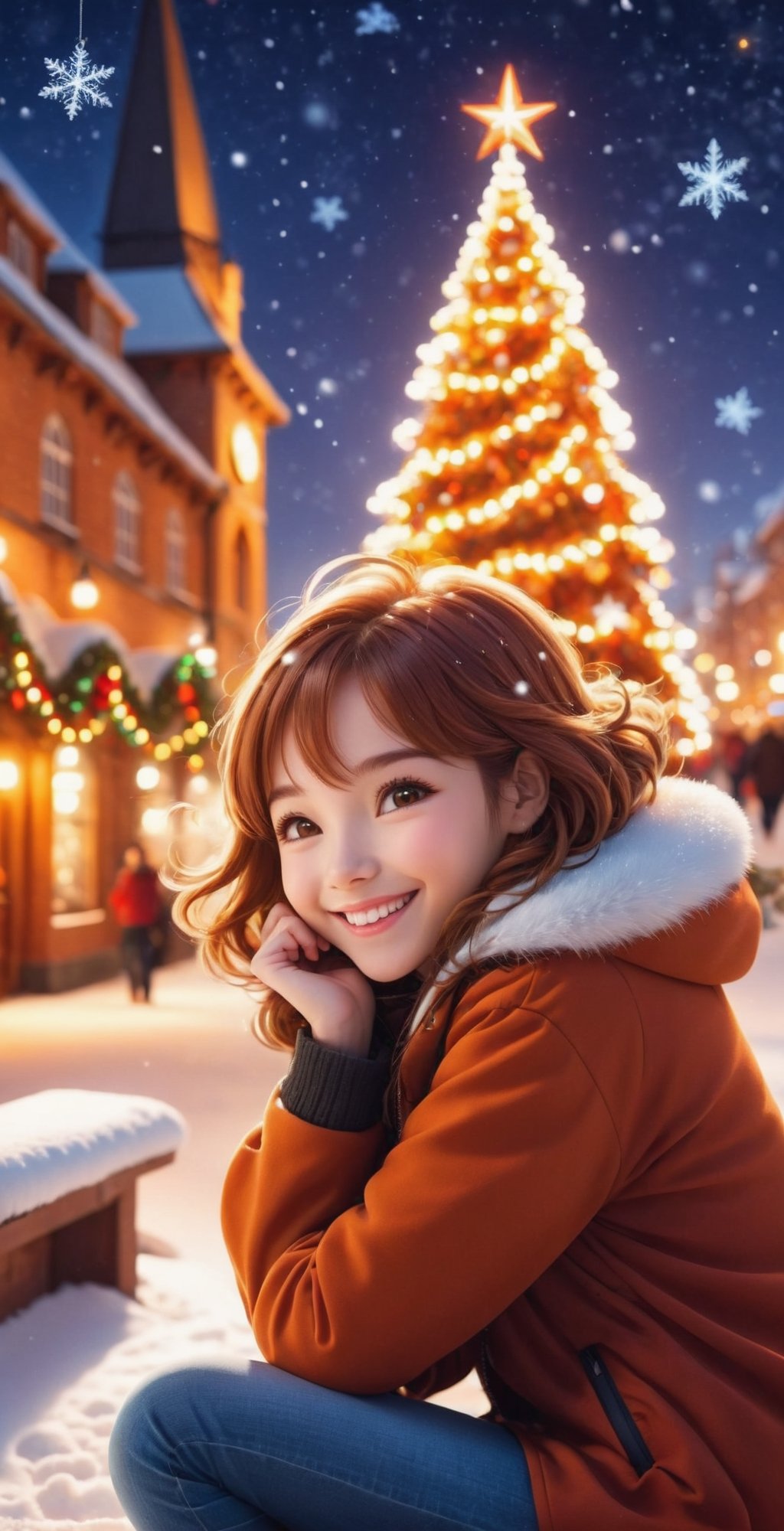 ("MERRY CHRISTMAS" text logo), A happily smiling woman (beautiful face), (Christmas Party: 1.5), brown and orange tones, Christmas, grains of light, clock tower, glowing illuminations, illuminated scenery, silver world, snow, glowing snowflakes, Christmas neon lights, cute girl curled up to warm her hands, warm light, brick cityscape, bench, Christmas tree, short hair, happiness, joyful smiles. Epic, Celestial, decoration, fantasy world, cute world,Anime,Text