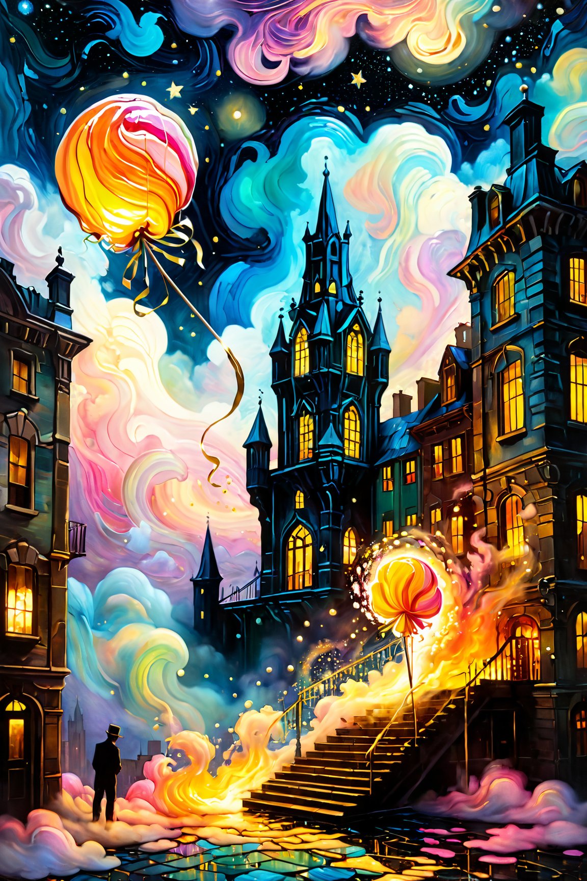 (masterpiece, best quality:1.4), fine art, oil painting, dark tales, "in a mystical metropolis at dusk, a 42 year old adept stands atop a wobbly pedestal amidst a whimsical cityscape, surrounded by swirling clouds of forgotten knowledge that have seeped into the atmosphere from an adjacent library. the skyscraper shaped jellybean tower looms in the background, its windows pulsating with an otherworldly glow as wispy creatures flit about the periphery. glowing tendrils of ink stream from the adept's fingers, entwining with rainbow hued licorice whips that twist and turn in impossible ways up the staircase. the air is filled with a sweet, edible gold dust that tastes like birthday cake, as if the sun has been replaced by a giant lollipop on fire, casting a warm glow over the scene." in the van gogh style, starry sky, dan mumford, andy kehoe, 2d, flat, delightful, vintage, art on a cracked paper, patchwork, stained glass, fairytale, storybook detailed illustration, cinematic, ultra highly detailed, tiny details, beautiful details, mystical, luminism, vibrant colors, complex background,v0ng44g,oil paint ,more detail XL