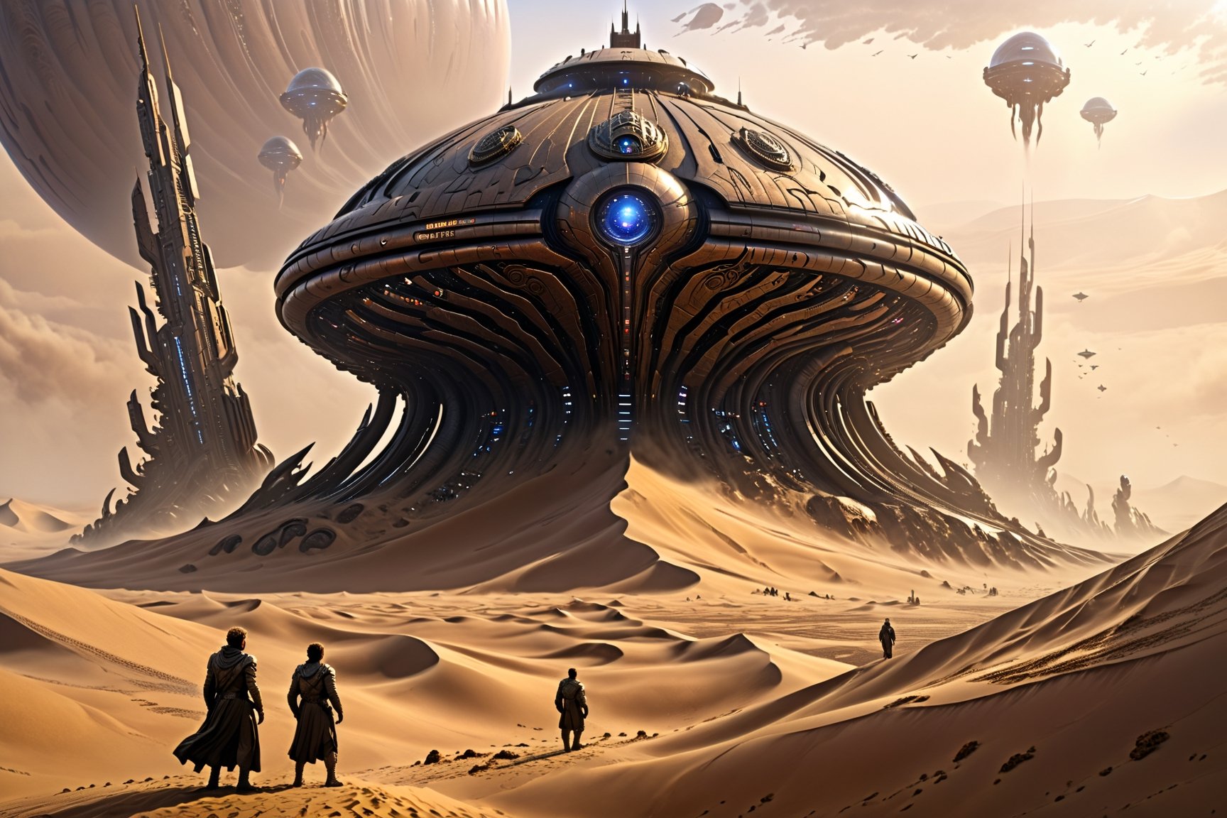 (Best quality), (masterpiece), (ultra detailed), (high detailed), (extremely detailed), Dune concept art, Clean and neat tones, Sci-fi base scene, Huge scene, Square-shaped complex, Soviet aesthetic architecture, huge buildings, There are many ships in the air, Size contrast, Timothée Chalamet in the movie Dune, standing with many Dune style soldiers, Big scenes of war, smog, epic concept art, Fine 8K, vray, Wasteland Science Fiction,LegendDarkFantasy