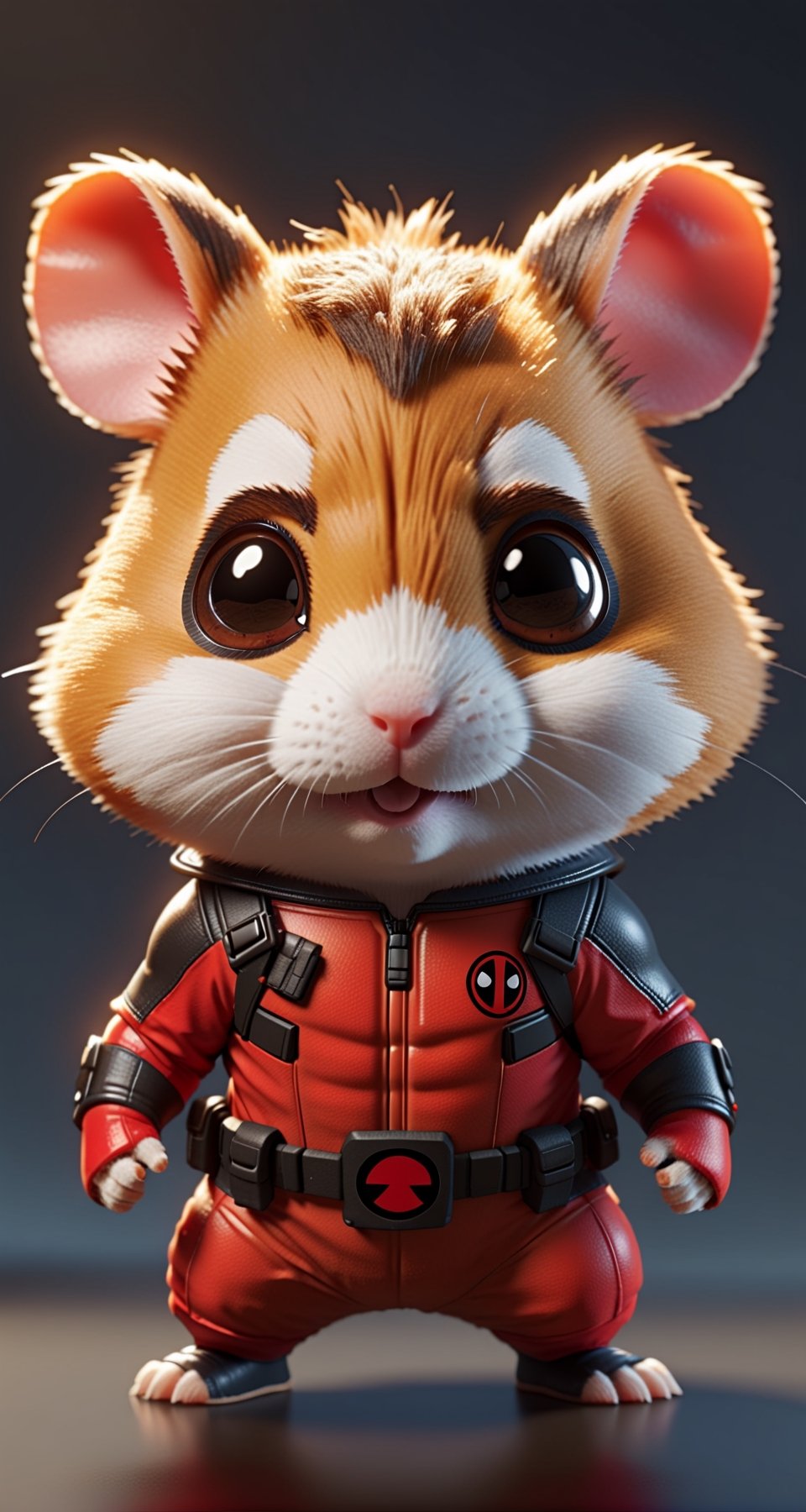 Highly detailed 3D models of Cute hamster in a deadpool suit, deadpool mask, tiny, tiny, chibi style, whole body, Sharp focus, 8K wallpaper, Masterpiece,chibi,Chibi Style,monster