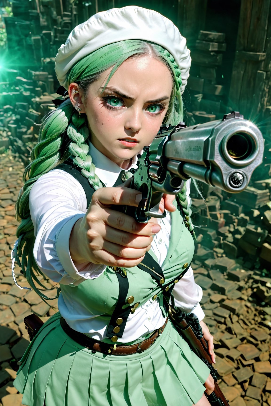 (Best quality, ultra detailed, masterpiece), 1girl with cinematic film still gunatyou, girl pointing a gun at viewer, pistol, cowboy shot, shell casings, bulletpressionless, constricted pupils, crazy eyes:1.2), white shirt, pleated skirt, mint green hair, twin braids, white beret, green eyes, eyeshadolowing eyes:0.7), small gun, holding gun, incredibly absurdres, 8k wallpaper, large breasts, cleavage, sideboob, amazing details, luminous and enchanting, dark and eerie, lit dark fantasy realm, (((rule of thirds))), shallow depth of field, intricate details, fantastical realm, extremely detailed, ultra sharp focus, light particles, attention to detail, grandeur and awe, cinematic, stunning visual masterpiece, double exposure, photorealistic, cinematographic scene, highest quality, 32k, octane render,gunatyou