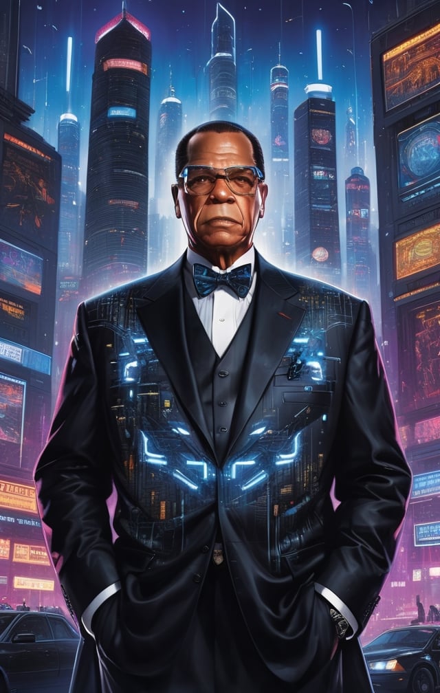 louis farrakhan standing in the heart of a neon-lit cyberpunk cityscape, donning a sleek black futuristic suit with bowtie adorned with vibrant blue LED lights. The lights trace intricate patterns across the suit's surface, casting an otherworldly glow. Surrounding buildings are towering skyscrapers covered in holographic advertisements and neon signs, reflecting off wet streets. The atmosphere is electric, a blend of urban chaos and technological marvel. The mood is one of determined heroism, as louis farrakhan gazes into the distance with his cowl illuminated by the city's