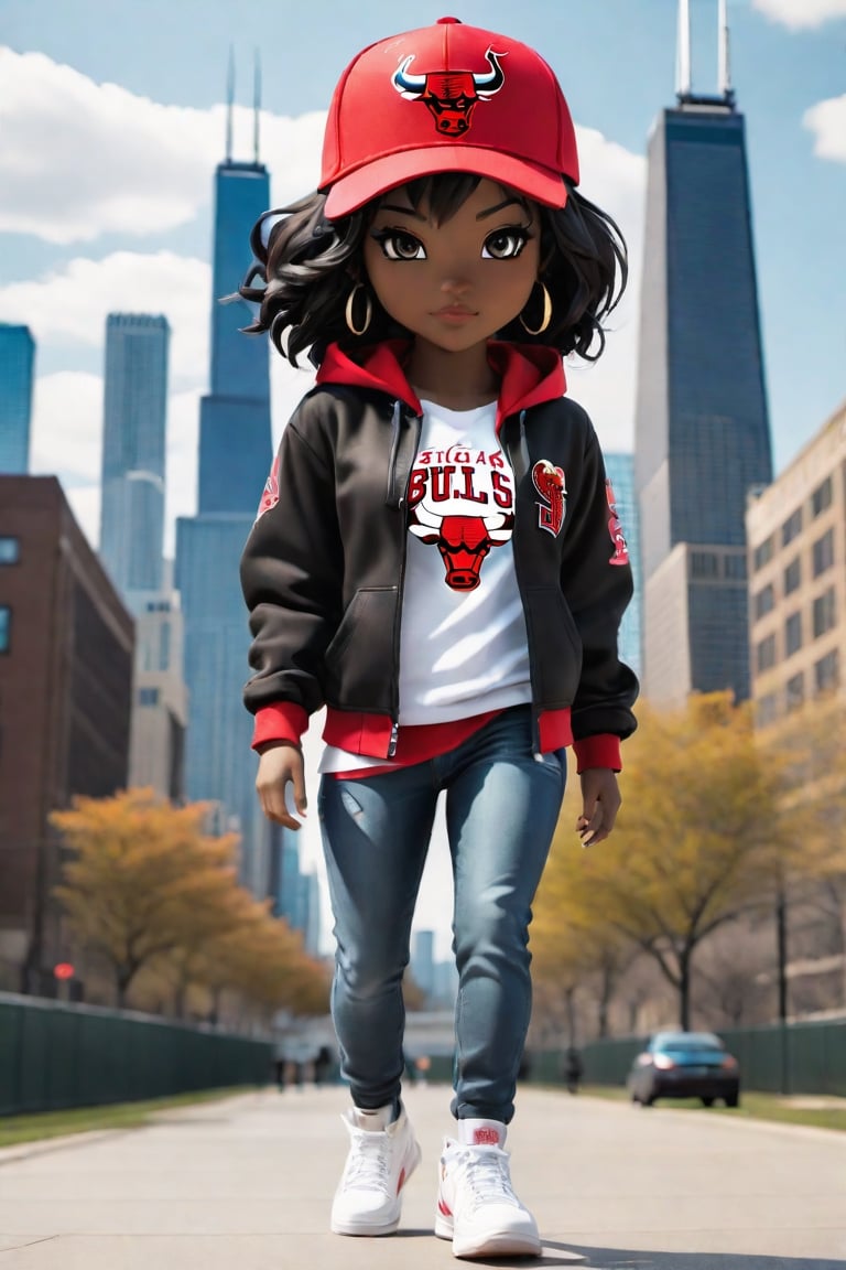 1girl, black girl, walking  ,AI_Misaki,3d figure, black jeans, red  hoodie chicago bulls style,traditional black jeans white tee shirt with the red  chicago bulls  baseball cap design, with chicago sears tower and skyline in the background