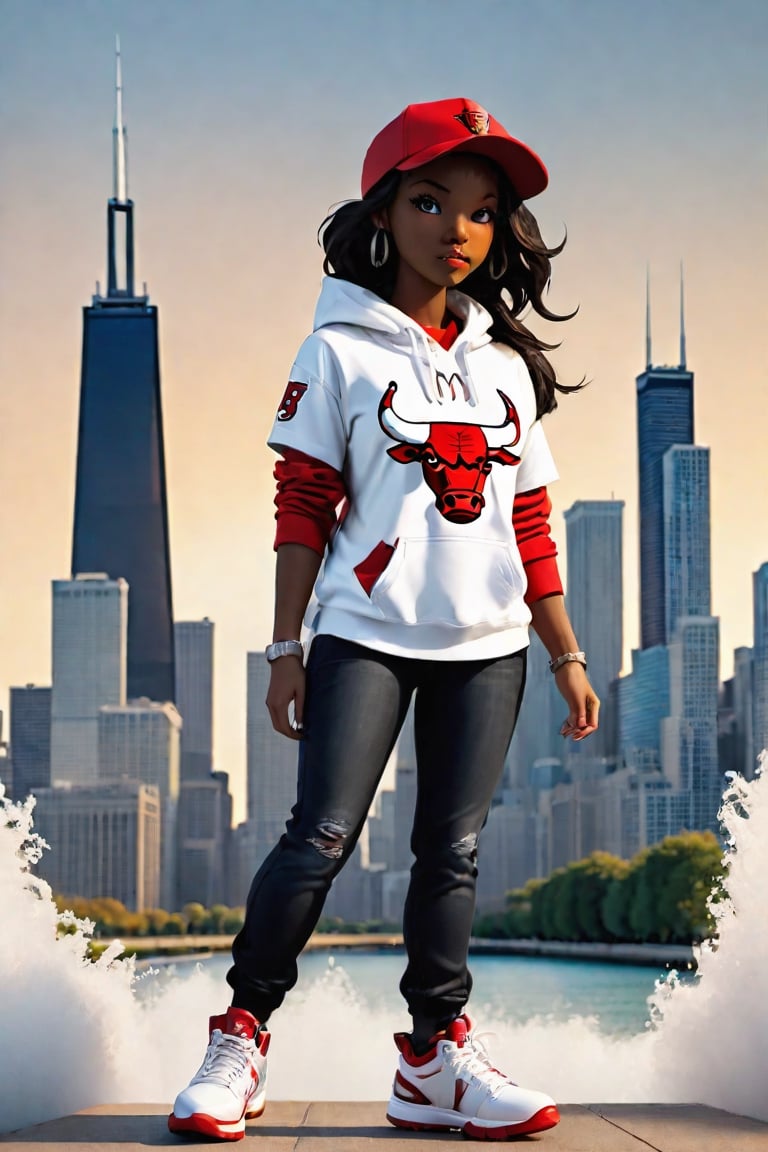 1girl, black girl, walking  ,AI_Misaki,3d figure, black jeans, red  hoodie chicago bulls style,traditional black jeans white tee shirt with the red  chicago bulls  baseball cap design, with chicago sears tower and skyline in the background