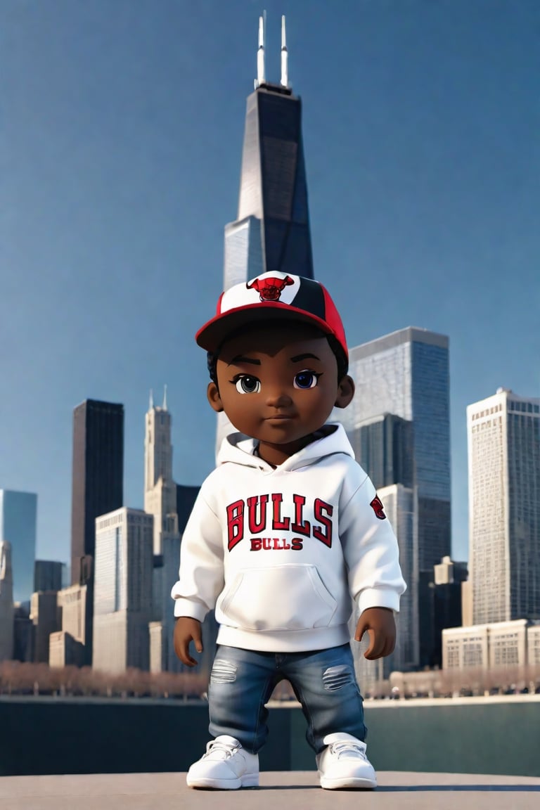 1boy, black boy, walking  ,AI_Misaki,3d figure, black jeans, white  hoodie chicago bulls style,traditional black jeans white tee shirt with the red  chicago bulls  baseball cap design, with chicago sears tower and skyline in the background
