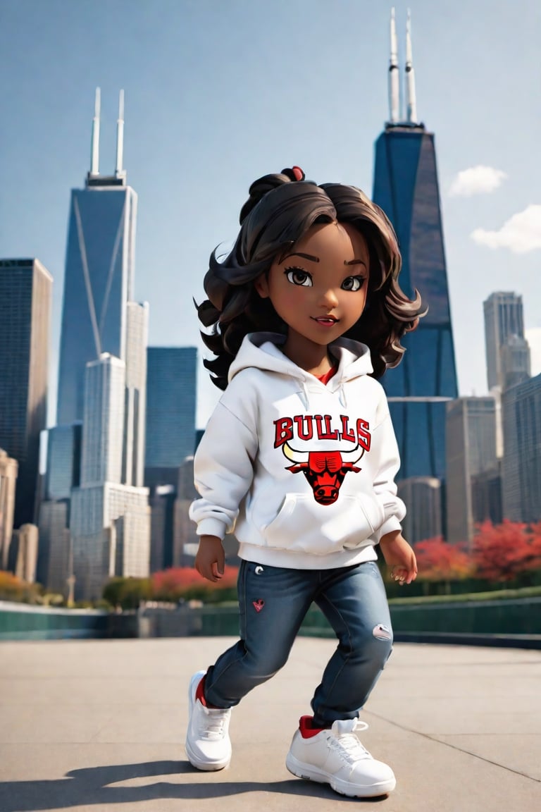 1girl, black girl, walking  ,AI_Misaki,3d figure, black jeans, white  hoodie chicago bulls style,traditional black jeans white tee shirt with the red  chicago bulls  baseball cap design, with chicago sears tower and skyline in the background