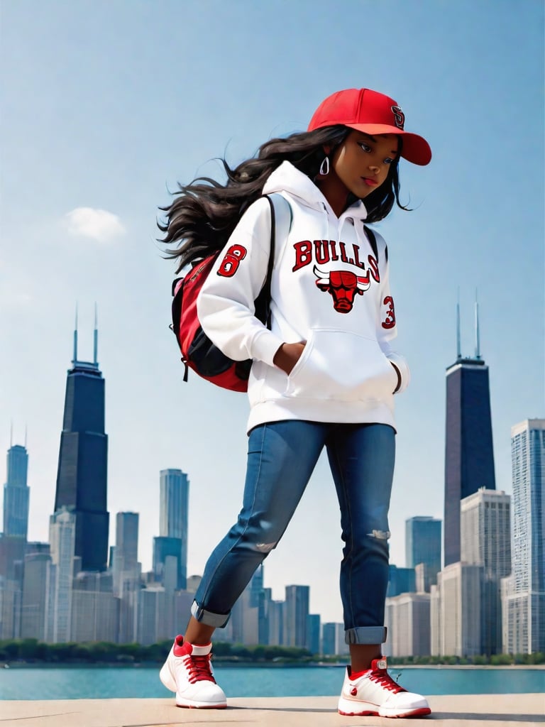 1girl, black girl, walking  ,AI_Misaki,3d figure, blue jeans, white  hoodie chicago bulls style,traditional black jeans white tee shirt with the red  chicago bulls  baseball cap design, with chicago sears tower and skyline in the background