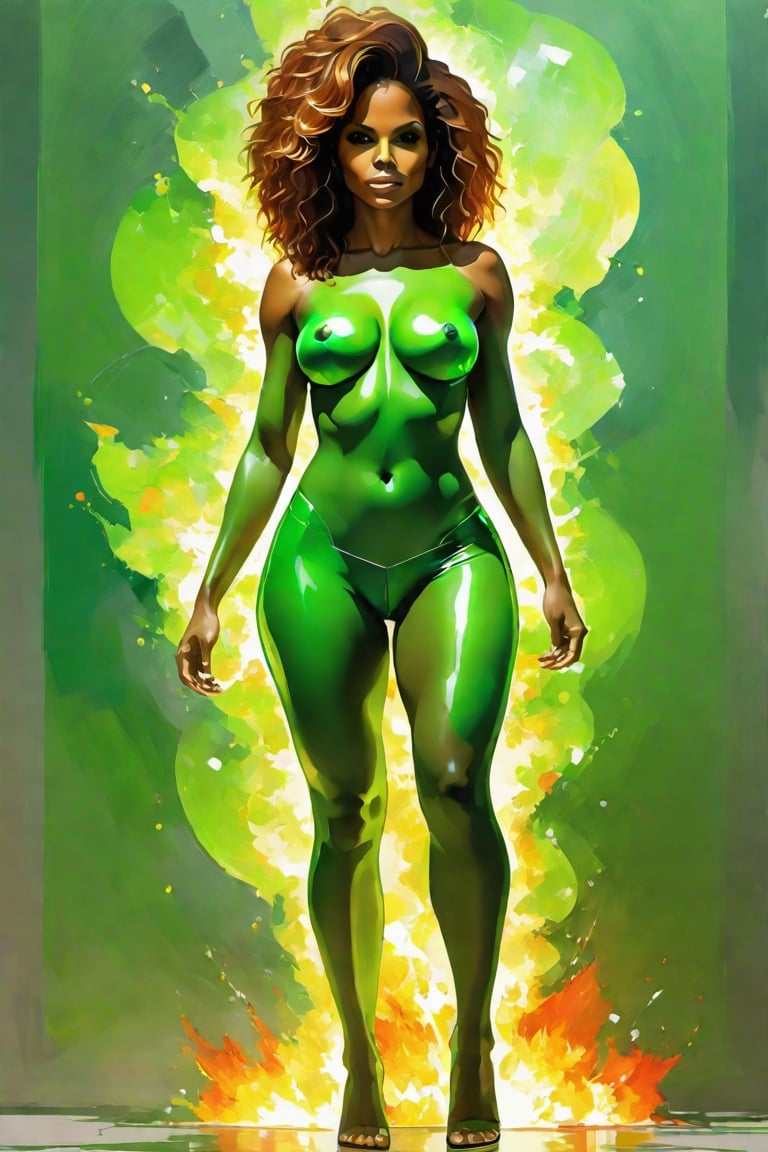Glass crack and electrical sparking topless transparent green fire gorgeous colourfull very beautiful mixture of janet jackson and halle berry, women full body artist in painting work, ideal body proportion, big breast, wide hips, big ass, human anatomy, holding green fireballs in each hand,
