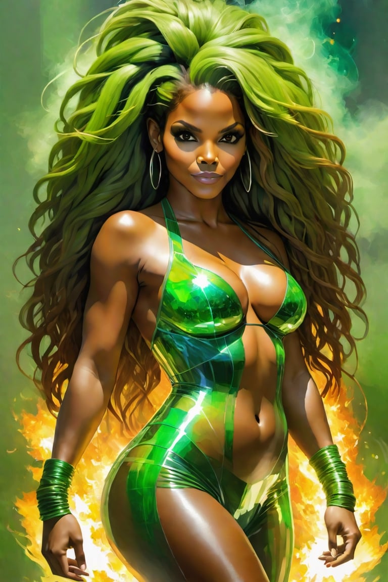 Glass crack and electrical sparking transparent green fire gorgeous colourfull very beautiful mixture of janet jackson and halle berry, nipples showing through costume, women full body artist in painting work, ideal body proportion, big breast, wide hips, big ass, human anatomy, (((with long dreadlocks)))