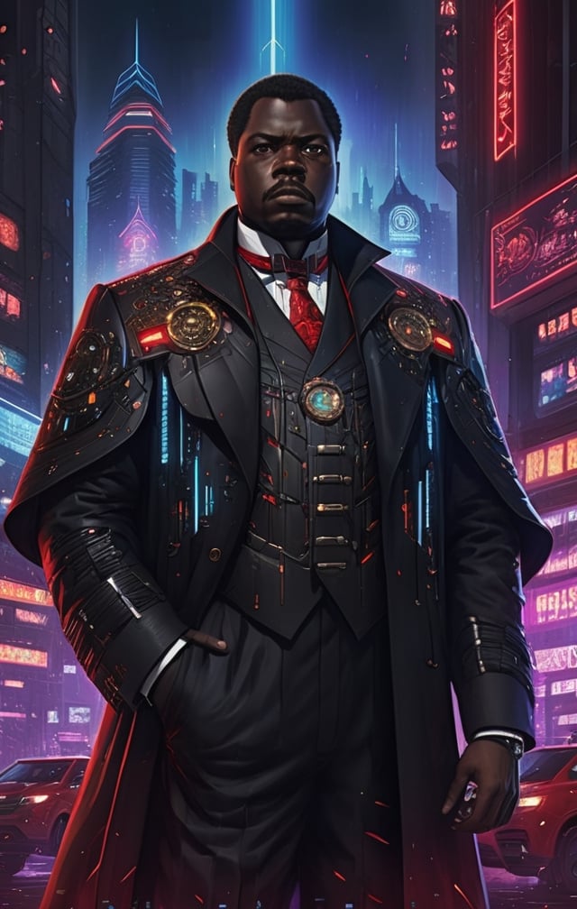 marcus garvey standing in the heart of a neon-lit cyberpunk cityscape, donning a sleek black futuristic suit with bowtie adorned with vibrant red LED lights. The lights trace intricate patterns across the suit's surface, casting an otherworldly glow. Surrounding buildings are towering skyscrapers covered in holographic advertisements and neon signs, reflecting off wet streets. The atmosphere is electric, a blend of urban chaos and technological marvel. The mood is one of determined heroism, as marcus garvey gazes into the distance with his cowl illuminated by the city's