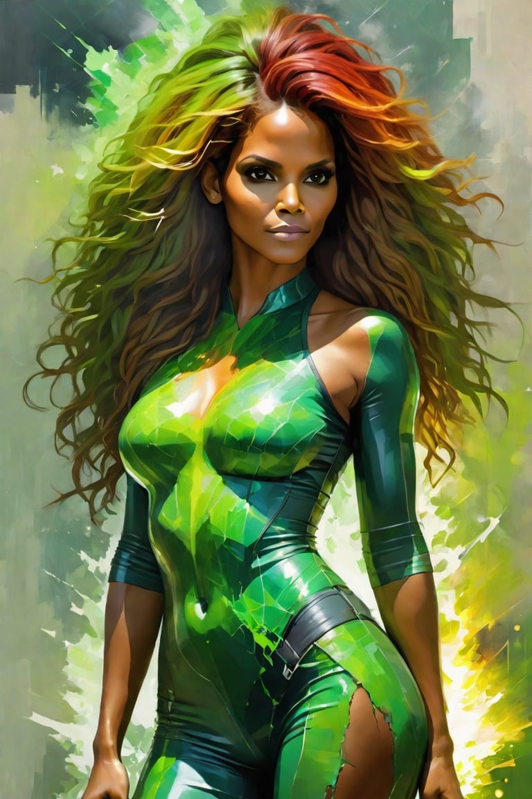 Glass crack and electrical sparking green fire gorgeous colourfull very beautiful mixture of halle berry and janet jackson, women full body artist in painting work, ideal body proportion, human anatomy, with red and blone long dreadlocks