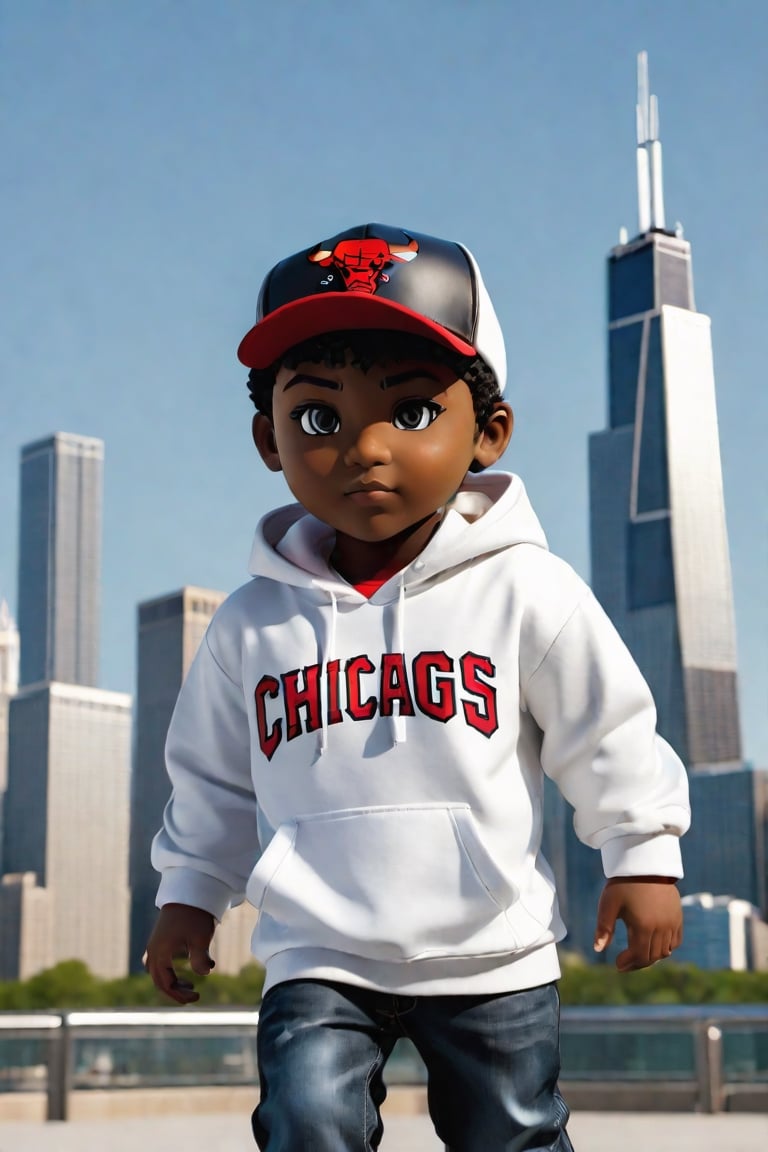 1boy, black boy, walking  ,AI_Misaki,3d figure, black jeans, white  hoodie chicago bulls style,traditional black jeans white tee shirt with the red  chicago bulls  baseball cap design, with chicago sears tower and skyline in the background