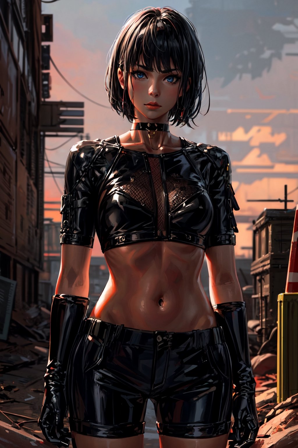 high_resolution,
female_human,
(black_hair),
(blue_eyes),
short_hair,
random_clothing,
tactical clothing,
tactical armor,
pale_skin,
fit,
post-apocalyptic,
random_pose,
bare_midriff,
choker,
sunset,
Science Fiction,