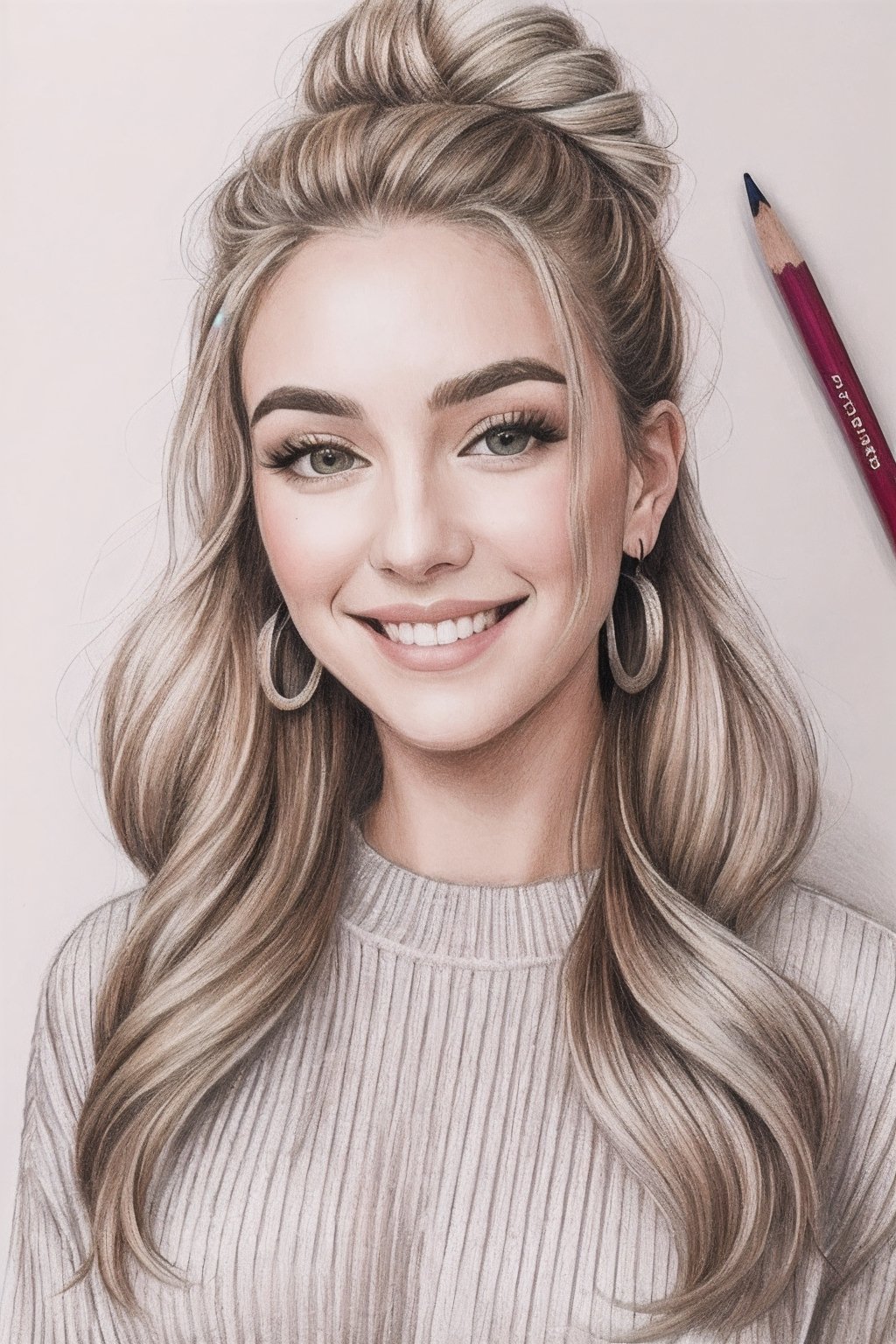 a pretty woman's face,fashion hair, hair covered her face, earrings, Influencer Ribbed Knit Joggers, 1 woman, blonde long hair, hair in a bun, (Smile),beautiful eyelashes, beautiful face,pencil sketch,full-body_portrait