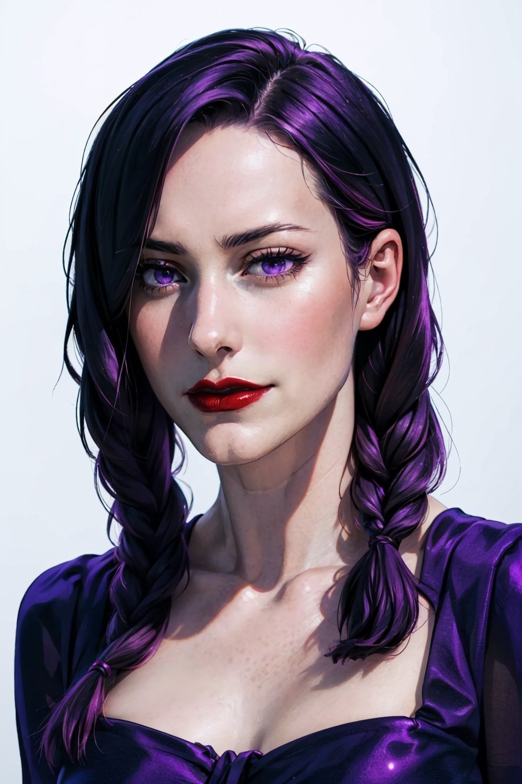 (photorealistic:1.5), anime style, closed mouth:1.0, red lips, pale skin, realistic skin, purple dress, detailed pupil,  , blue haired, solo, standing,Detailedface,,zenin_maki,ASU1,meidef,meimeidef,purple eyes, long hair, braid