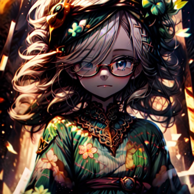 A ghost with no eyes, no mouth, white hair, girl dressed in a blue dress, fantasy world. Perfect anatomy, (masterpiece, top quality, extreme), perfecteyes, glasses, four leef clover clip,