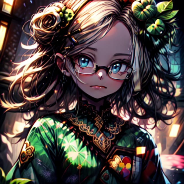 A ghost, stiched eyes, stiched mouth, white hair, girl dressed in a blue dress, fantasy world. Perfect anatomy, (masterpiece, top quality, extreme), perfecteyes, glasses, four leaf clover clip,