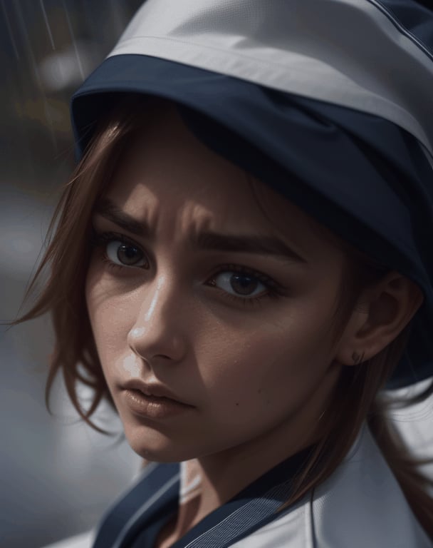 Extreme closeup footage of a young sailor woman with a concerned expression during a rainstorm.,Epicrealism