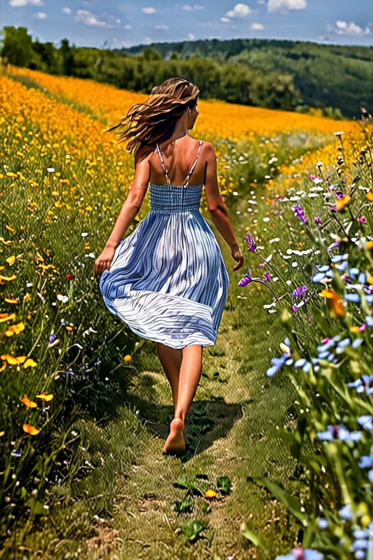 The woman walked barefoot through a field of wildflowers, her carefree nature evident in the way she twirled and laughed without a care in the world. She had no desire for commitment, only a thirst for adventure and freedom.,Extremely Realistic