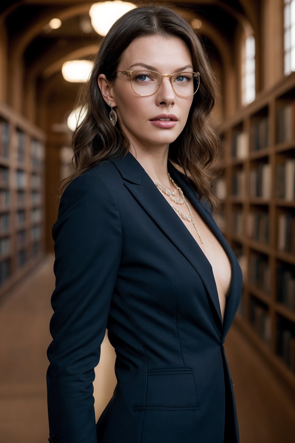 Wide shot, Milla Jovovich as librarian, in the library hall, wear glasses and sexy woman's business suit, RAW, analog, Sony A7R Mark IV, wide lens 35mm, award-winning photographer, rule of third, perfect stance, perfect body, innocent, intricate details, highly detailed, sharp focus, professional, 4k, supermodel pose, sensual, delicate, innocent, highres, detailed facial features, high detail, sharp focus, smooth, aesthetic, extremely detailed, realistic, complex_background, real life, photorealism, photography, 8k, real skin tone,