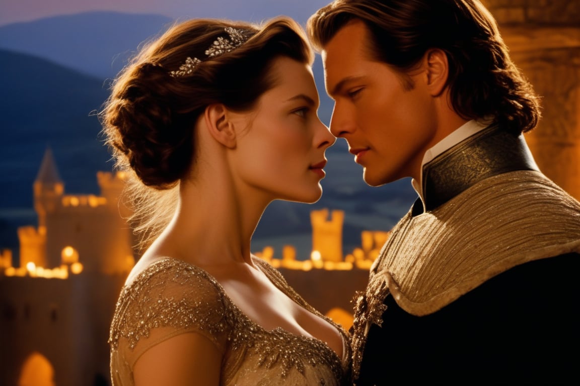 Create a mesmerizing moment of romance within an epic movie scene starring Milla Jovovich. Picture her and a gallant partner atop a majestic castle, gazing out at a breathtaking landscape. The scene blends fantasy and romance seamlessly. Milla wears an exquisite gown that catches the moonlight, and her partner looks dashing in regal attire. They stand close, hands intertwined, their love palpable in the air. The camera, with a 135mm prime lens, captures an intimate close-up of their expressions, highlighting the chemistry between them. The lighting casts a warm, romantic glow, setting the tone for an enchanting evening. Render this scene with intricate attention to their attire, expressions, and the moonlit landscape, film still, movie still