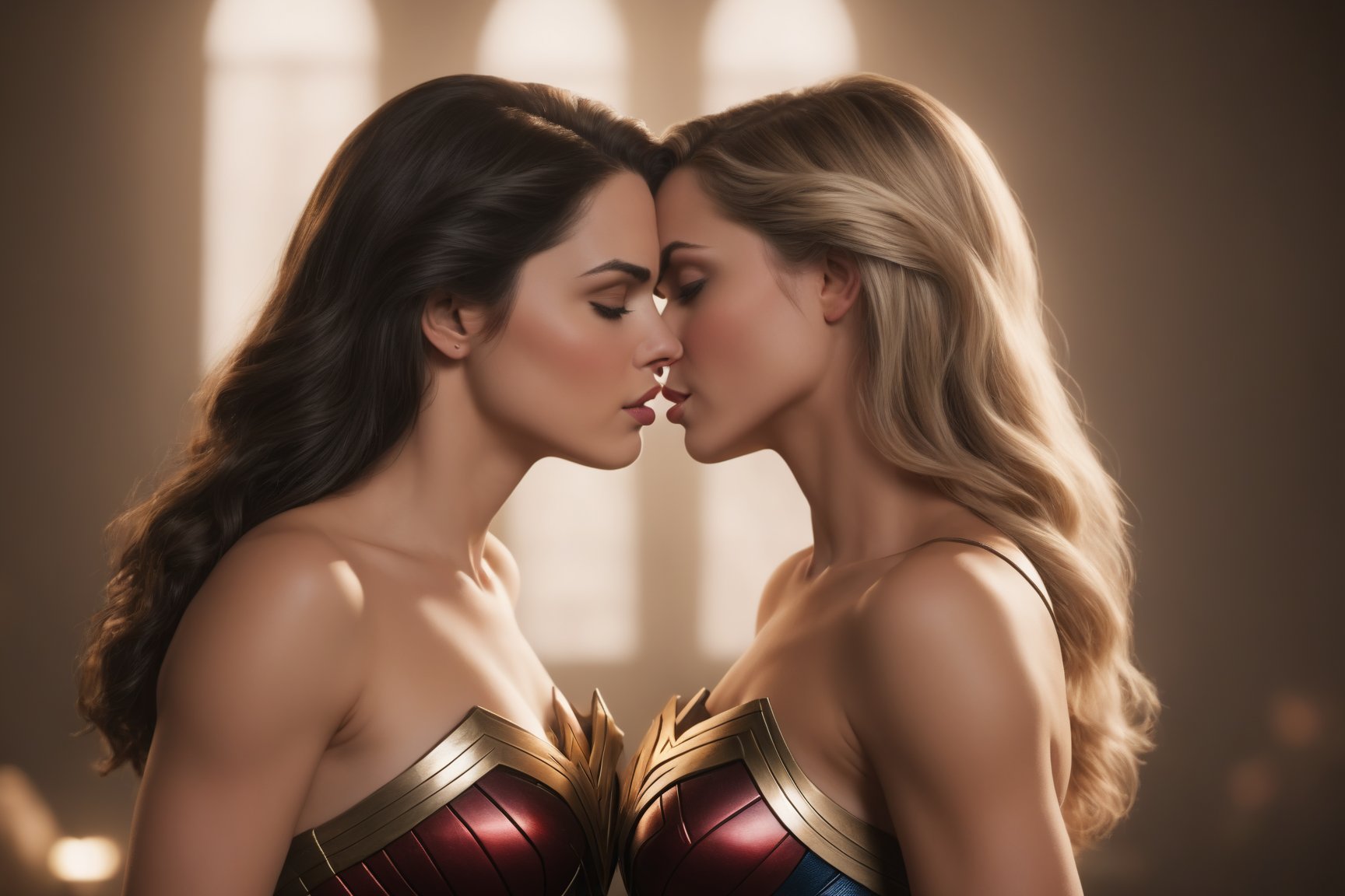 photograph of wonder woman and supergirl kissing passionately, french_kissing, perfect body, perfect lips, perfect face, perfect butt, perfect boobs, short hair, sexy dress, dramatic, epic, stunning, photorealism, unreal engine, octane render, niji 5, 8k, soft lighting, high quality, film grain, Fujifilm XT3, highly detailed, intricate detail, bokeh, masterpiece, Movie Still,Movie Still,Film Still