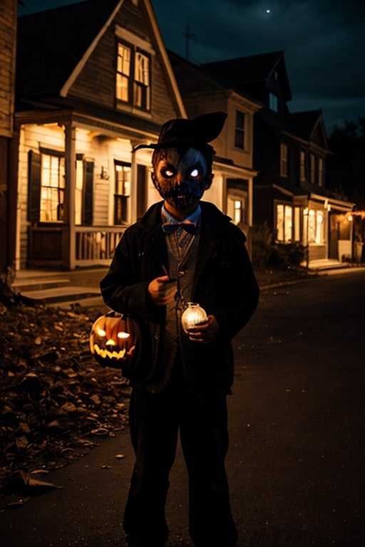 spooky halloween night, pitch dark sky, ghostly town background, young kid masked as zombie in front, trick or treat bag in hands