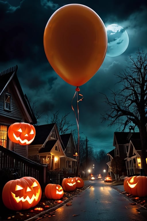 spooky halloween night, pitch dark sky, ghostly town, empty streets, petrifying trees, cars left in roads, demonic pumpkins, grimming with sharp teeths, candies piled up in streets, creepy balloons saying "HALLOWEEN"