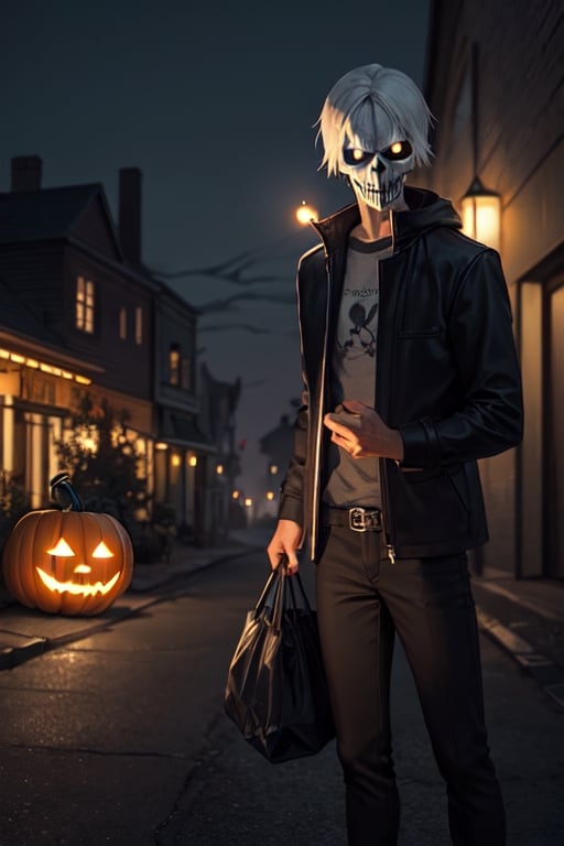 spooky halloween night, pitch dark sky, ghostly town background, ghost rider in front, trick or treat bag in hands