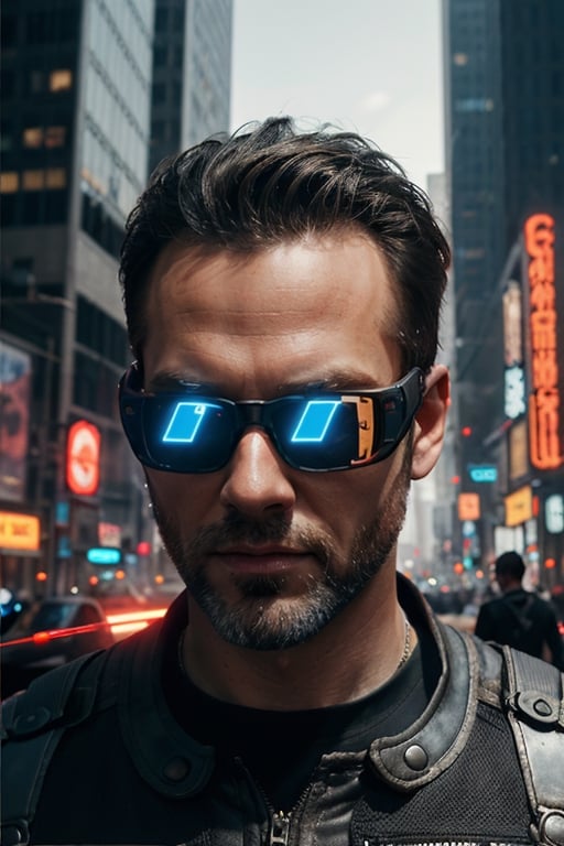 modern realistic, cyberpunk city with tall skyscrapers at background, Man wearing partial machine suit armor at front, looking sideways,  well built, holding high tech shot gun in hand, wearing laser eye glasses, rugged beard, grunt in face,Cyberpunk,Masterpiece,photorealistic,Masterpiece, hyper-realistic, high resolution, photograph_(object),futuristic,cutextgirl