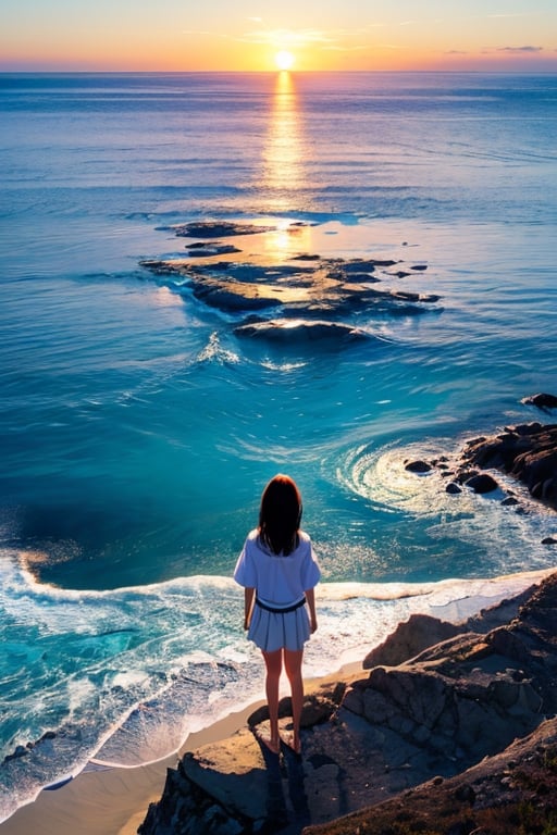 Vast blue ocean with calm tides, island at far, Young girl, beautiful, standing over the cliff, looking at horizon of sunset, tears in eyes