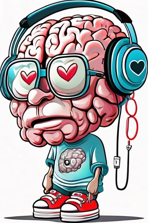 modern surrealism, white background, cartoonic real raw large brain with popping eye at center, wearing glasses, wearing loosened transparent t-shirt, wearing headphones, droopy eyes, shrunken cold small stone heart in the chest, beating slowly, wearing large cartoonic sneakers