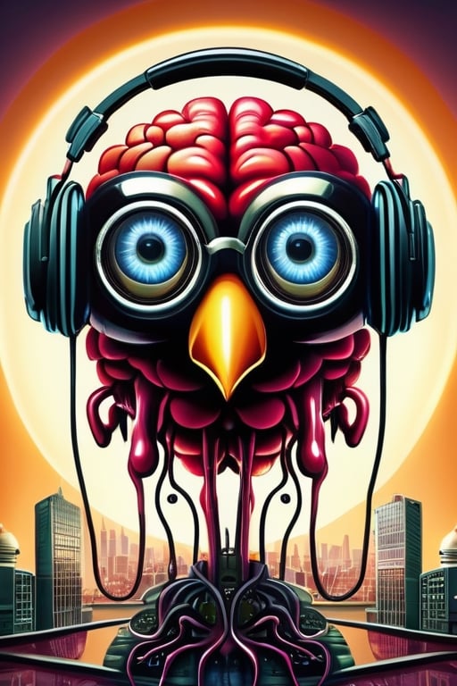 modern surrealism, creepy electronic city background, cartoonic real raw large brain with large eyes at center, wearing glasses, three incandescent bulbs attached to top, personified, wearing headphones, droopy eyes, real raw shrunken cold small heart at center of heart,Masterpiece