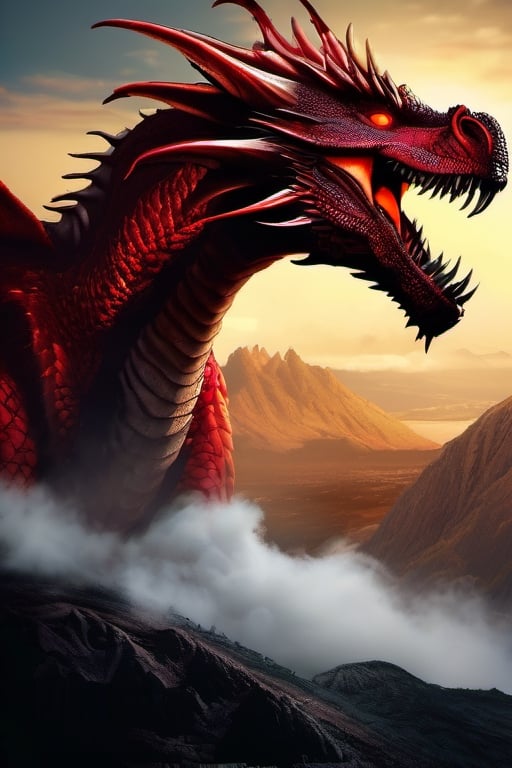 realistic dark volcano erupted mountain, magma flowing around, fumes clouding the sky, realistic red dragon, five headed, standing tall, Wings sharp, claws with long nails, roaring at the sky, fierce, terrifying, monstorous