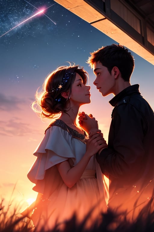 modern fantasy, beautiful dreamy sky background, with stars at distant, meteors falling, dreamy state, girl and boy shaking hands close up during beautiful sunset, magical, romantic 