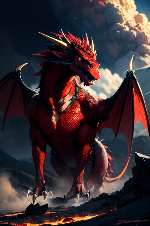 realistic dark volcano erupted mountain, magma flowing around, fumes clouding the sky, realistic red dragon, standing tall, Wings sharp, claws with long nails, roaring at the sky