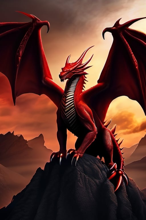 realistic dark volcano erupted mountain, magma flowing around, fumes clouding the sky, realistic red dragon, standing tall, Wings sharp, claws with long nails, roaring at the sky,weapon,Game of Thrones