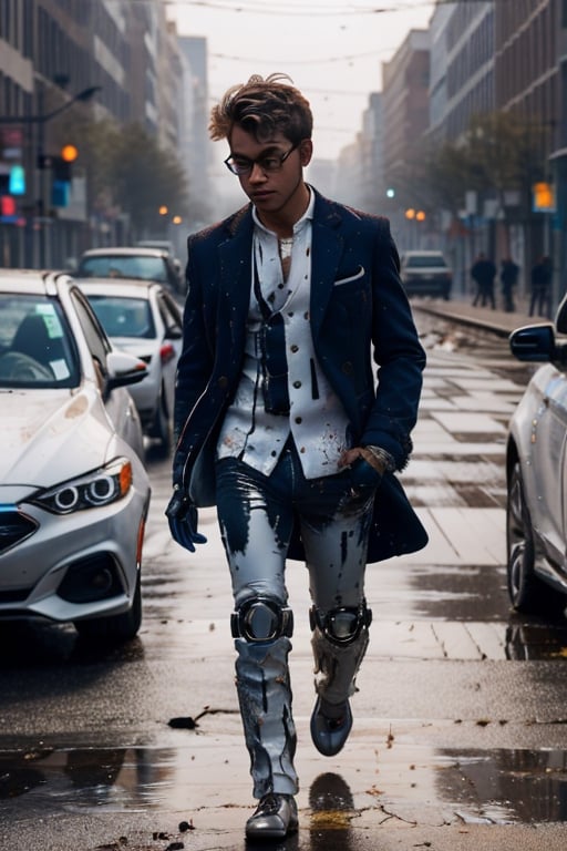 long exposure photograph, modern tech world, humanoid robots rushing to work across streets in background, Young man standing amidst, torn coat suit, ripped white shirt, broken glasses, messy hair, looking clueless, tears in eyes, deep into thoughts, looking at the viewer,Masterpiece,QRobot