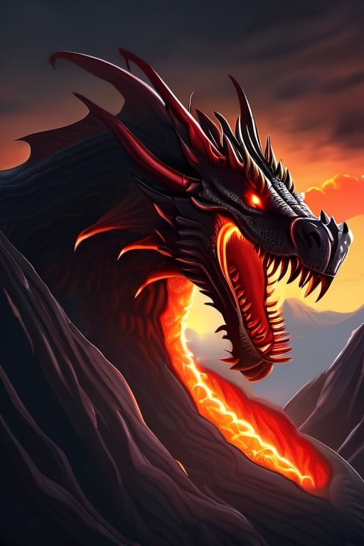 realistic dark volcano erupted mountain, magma flowing around, fumes clouding the sky, realistic red dragon, standing tall, Wings sharp, claws with long nails, roaring at the sky, five headed, fierce, terrifying, monstorous