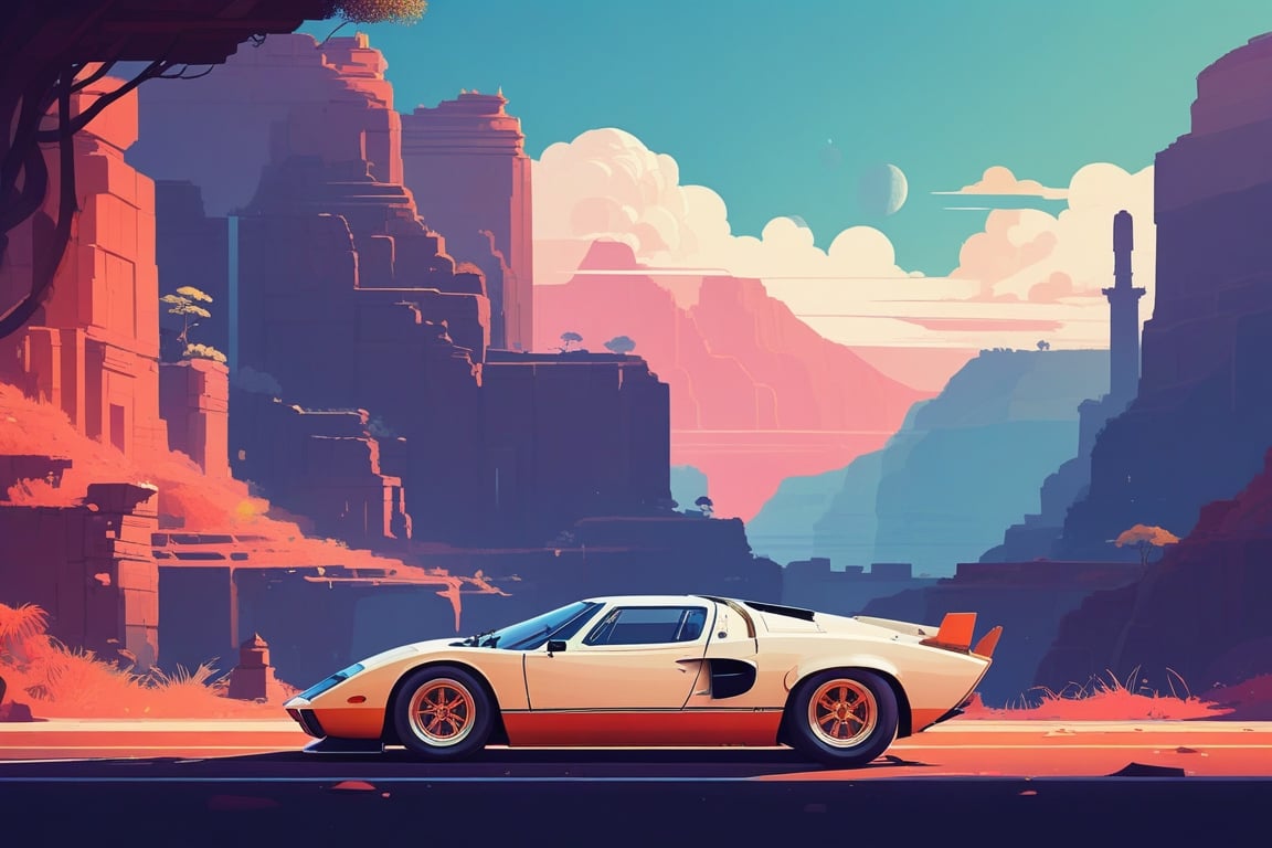 (by James Gilleard, (Andreas Rocha:1.15):1.05), cat, exotic car, Ajanta Caves, (side view:1.2), retro artstyle, award-winning, minimalist, simple, wide landscape, high contrast, highly detailed, intricate,