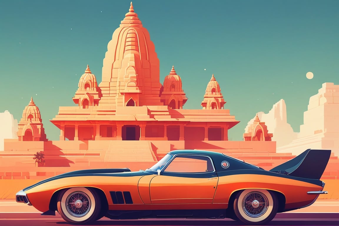 (by James Gilleard, (Andreas Rocha:1.15):1.05), cat, exotic car, Khajuraho, (side view:1.2), retro artstyle, award-winning, minimalist, simple, wide landscape, high contrast, highly detailed, intricate,