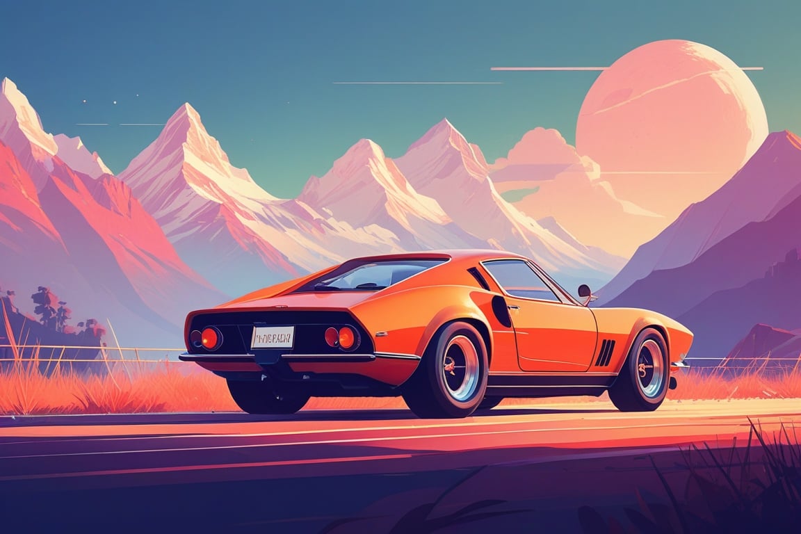 (by James Gilleard, (Andreas Rocha:1.15):1.05), cat, exotic car, Nanda Devi, dynamic angle, (side view:1.2), retro artstyle, award-winning, minimalist, simple, wide landscape, high contrast, highly detailed, intricate,