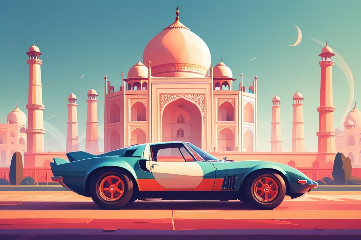 (by James Gilleard, (Andreas Rocha:1.15):1.05), cat, exotic car, Taj mahal, dynamic angle, (side view:1.2), retro artstyle, award-winning, minimalist, simple, wide landscape, high contrast, highly detailed, intricate,