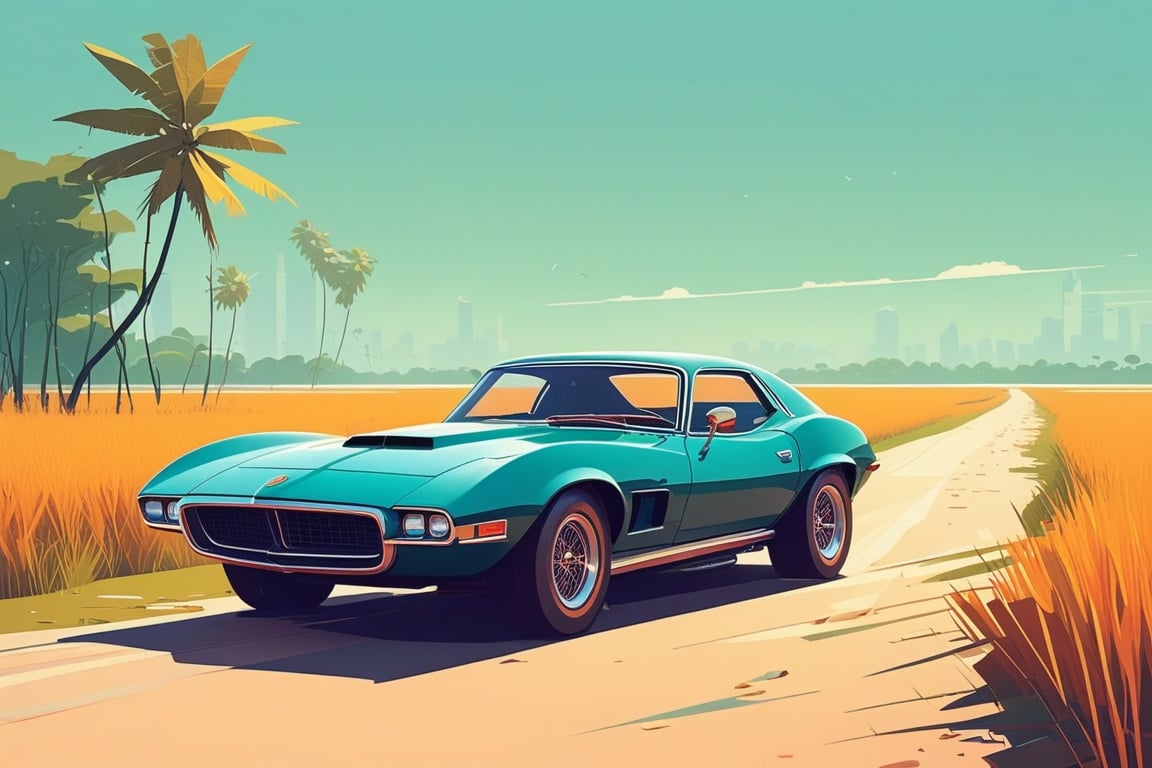 (by James Gilleard, (Andreas Rocha:1.15):1.05), cat, exotic car, Sundarban National Park (West Bengal), dynamic angle, (side view:1.2), retro artstyle, award-winning, minimalist, simple, wide landscape, high contrast, highly detailed, intricate,