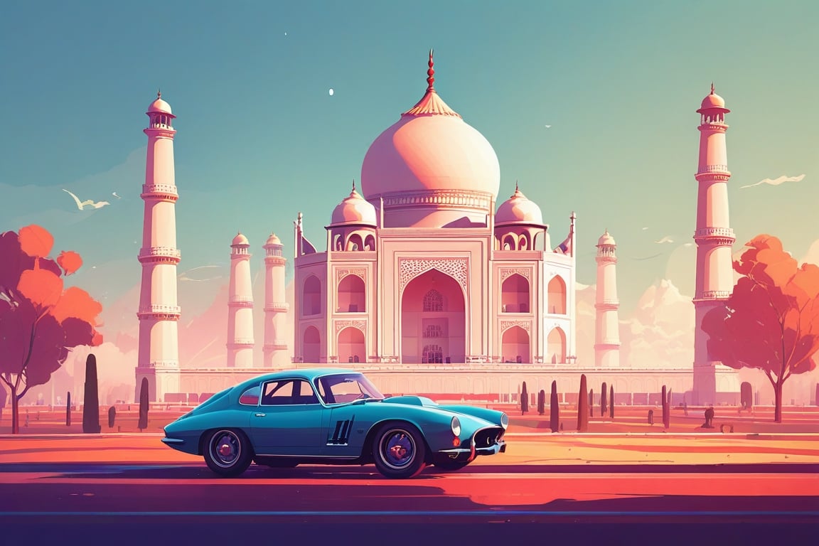 (by James Gilleard, (Andreas Rocha:1.15):1.05), cat, exotic car, Taj mahal, dynamic angle, (side view:1.2), retro artstyle, award-winning, minimalist, simple, wide landscape, high contrast, highly detailed, intricate,