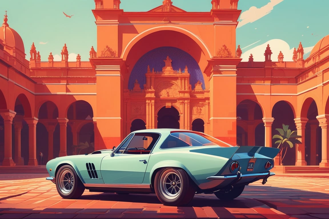 (by James Gilleard, (Andreas Rocha:1.15):1.05), cat, exotic car, Basilica of Bom Jesus, dynamic angle, (side view:1.2), retro artstyle, award-winning, minimalist, simple, wide landscape, high contrast, highly detailed, intricate,